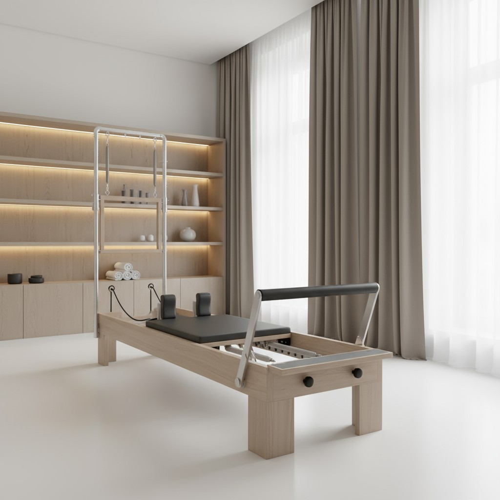 The image depicts a Reformer Pilates machine situated in a room with white walls and floor, featuring a wooden bookshelf o...