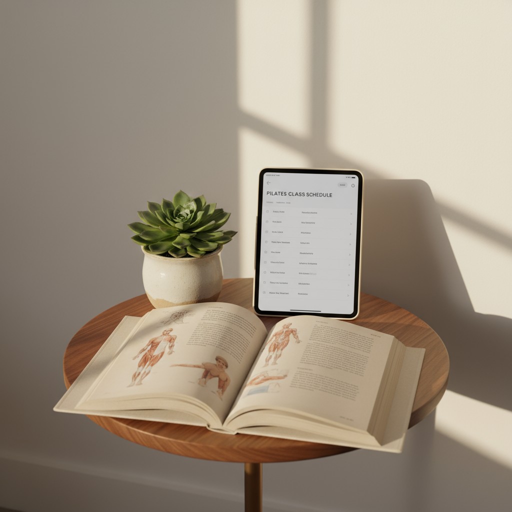 A wooden table with a book, plant, and tablet displaying a Pilates class schedule.