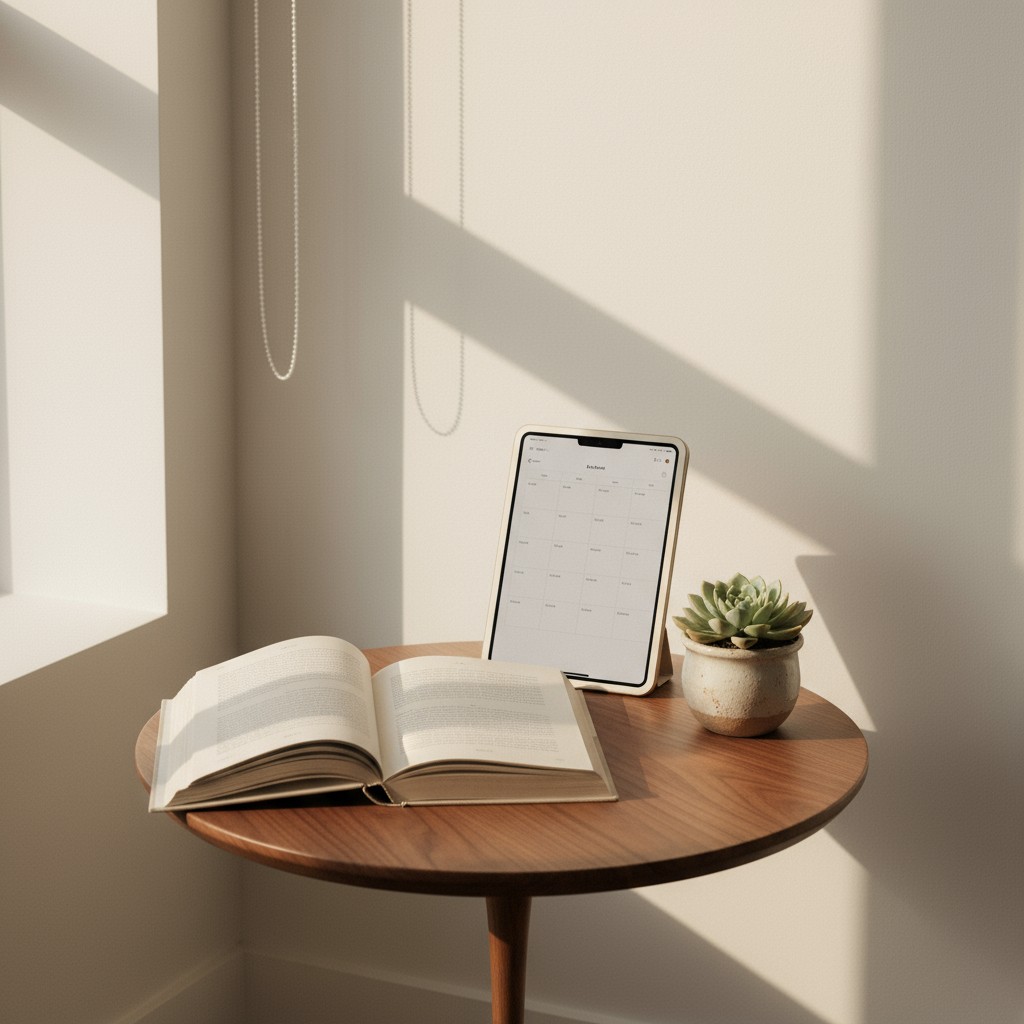 A round wooden table with an open book a calendar on an iPad and a small succulent plant on it next to a white wall.