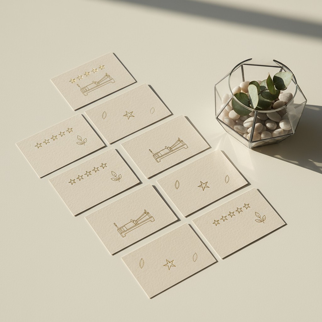 A photo of colored cards laid flat with artwork on them and a glass container with leaves with beige background.