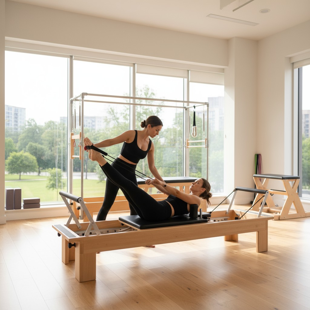 Two women, attired in black leggings or units, exercise on a Reformer machine in an indoor studio or gym with large windows.